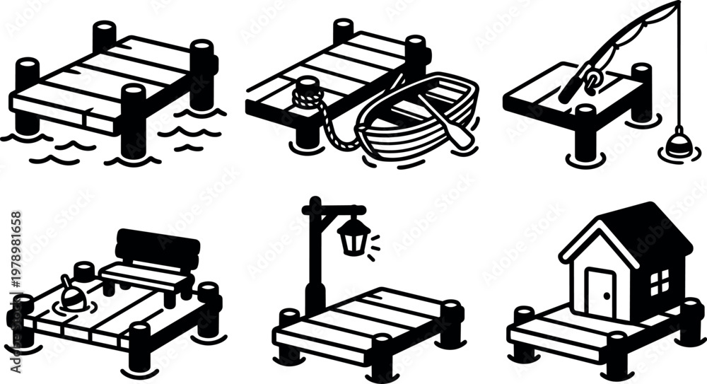 Fototapeta premium Wooden piers with boat fishing rod bench and house