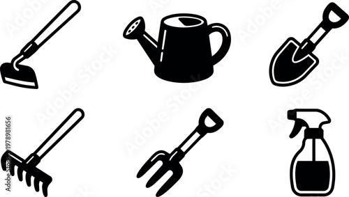 Black and white garden tools set with watering can rake and sprayer vector illustration