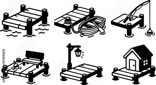 Wooden piers with boat fishing rod bench and house