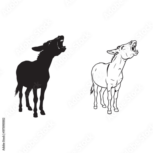Donkey silhouette and line art laughing isolated on white background