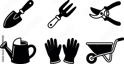 Black and white gardening tools trowel fork pruner watering can gloves and wheelbarrow icons