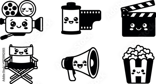 Cute black and white film camera megaphone popcorn chair clapperboard icons