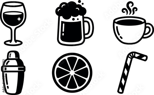Black and white icons of wine glass beer mug coffee cup cocktail shaker orange slice and striped straw