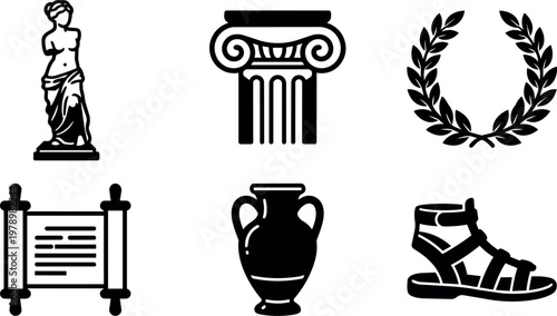 Black and white classical greek column statue laurel wreath scroll amphora and sandal icons