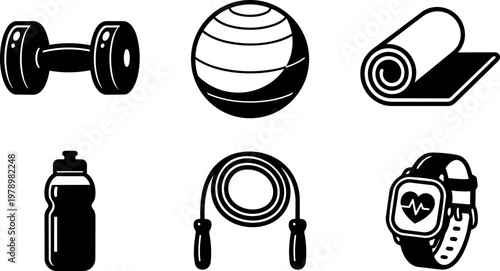 Black and white fitness equipment icons dumbbell exercise mat jumping rope water bottle and smartwatch
