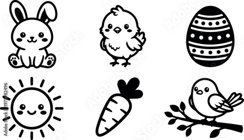 Black and white cute bunny chick carrot sun and easter egg vector art