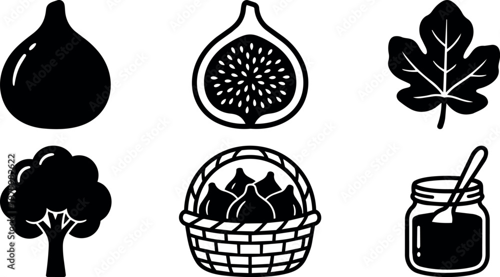 Naklejka premium Black and white fig fruit leaf tree basket and jar line art icons