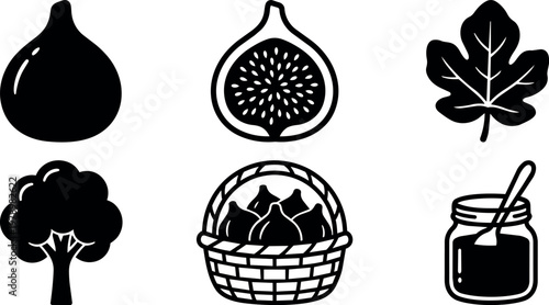 Black and white fig fruit leaf tree basket and jar line art icons