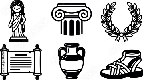 Black and white line art ancient greek statue column laurel wreath scroll amphora and sandal set