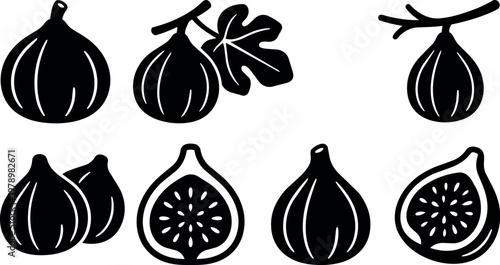 Black and white fig fruit icons with leaf and cross section vector art