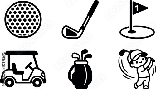 Black and white golf ball flag golf cart golf bag and kid swinging golf club vector art