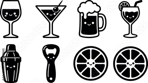 Cute black and white cocktail glasses beer mug and bar tools vector art