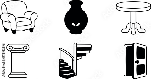 Black and white line art icons of armchair vase table column spiral stairs and door