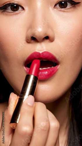 A young woman applies vibrant red lipstick to her lips with precision and care in a close up portrait