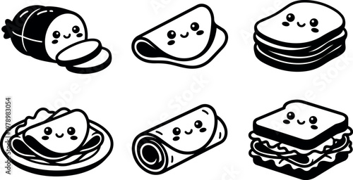 Cute black and white kawaii food icons with smiling face sliced meat taco sandwich