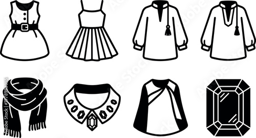 Black and white line art dress blouse scarf collar and gem vector icons