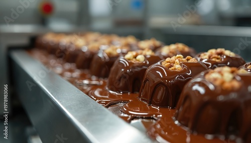 Rows of chocolate candy bars with nuts move on conveyor belt. Automated food production line creates sweet dessert treats. Factory machinery prepares sugary snacks.
