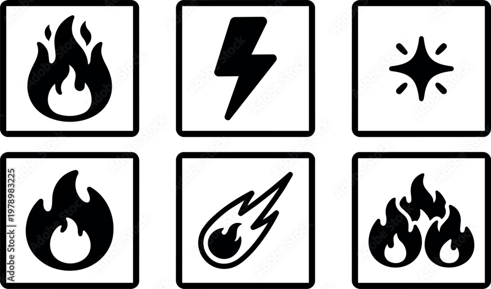Fototapeta premium Black and white fire lightning and sparkle icons in simple square frames