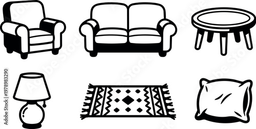 Living room furniture armchair sofa lamp rug pillow and coffee table