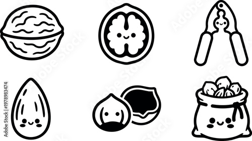 Black and white cute walnut almond and nutcracker vector art set