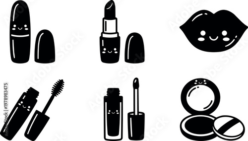 Black and white cute makeup items with smiling lips and cosmetics vector art