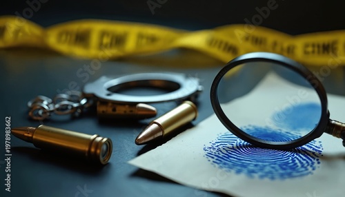 Crime scene evidence includes bullets, handcuffs, fingerprint, and magnifying glass on yellow tape. Forensic investigation and justice concept.
