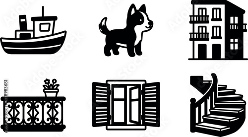 Black and white vector icons of boat dog apartment balcony window and spiral staircase