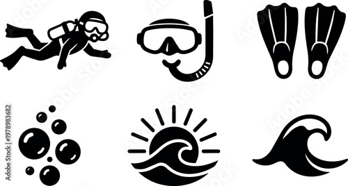 Black silhouette scuba diver mask snorkel fins wave and bubbles vector art