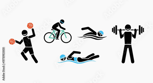 Sport and Recreation Icons: Basketball, Cycling, Swimming and Weightlifting. Icons of people engaging in various sports and recreation