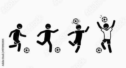 Dynamic stick figures showcasing a soccer match, each engaging in various actions with the ball