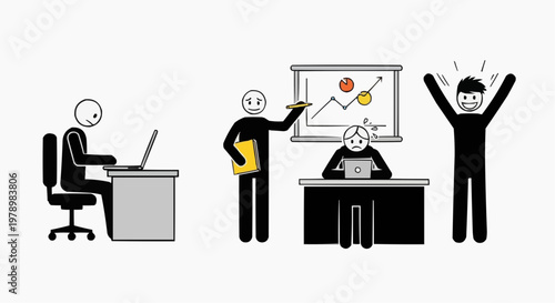 Depiction of office employees in various work-related scenarios
