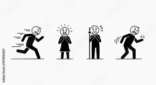 Illustration of fear and panic emotions expressed by four stick figures