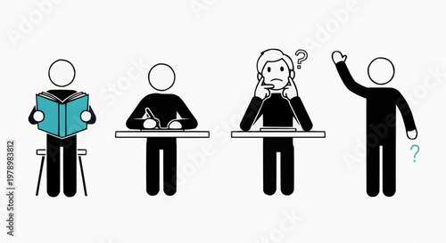 A series of stick figures engaged in various activities related to education