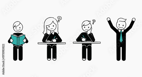 Four diverse figures engaging in different activities, ranging from reading to pondering. This image showcases a range of emotions and actions in a simple, illustrative style.
