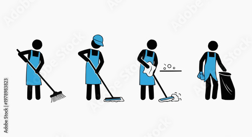 Four cleaning staff performing a variety of cleaning tasks using various tools