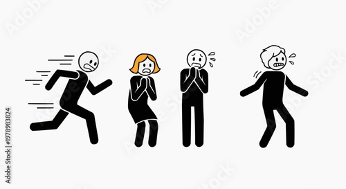 A depiction of frightened people showing different stages of terror. Expressing a sense of fear and panic.