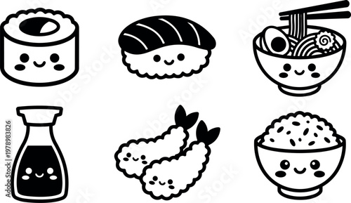 Black and white kawaii sushi rice bowl soy sauce tempura shrimp ramen vector art