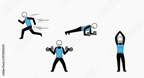 Different stages of fitness exercise illustration. These illustrations show various exercises, including running, push-ups, weightlifting, and stretching, perfect for any fitness program