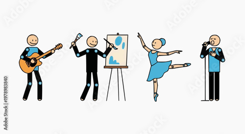 Different Arts in a line and some figures of person playing different arts. People are playing musical instrument such as guitar and singing, painting, dancing