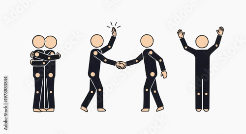 Conceptual illustration representing relationships with three different poses: embracing, handshaking, and arms raised