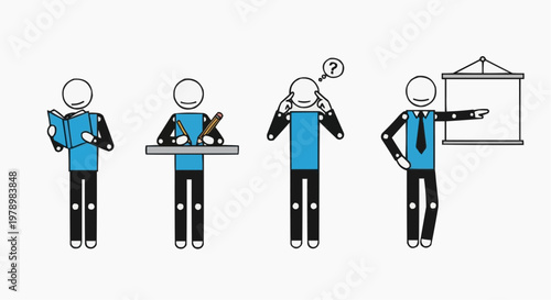 Figures representing different actions and thoughts, in a study setting 