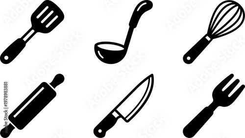 Black and white kitchen utensils flat design spatula ladle whisk rolling pin knife fork