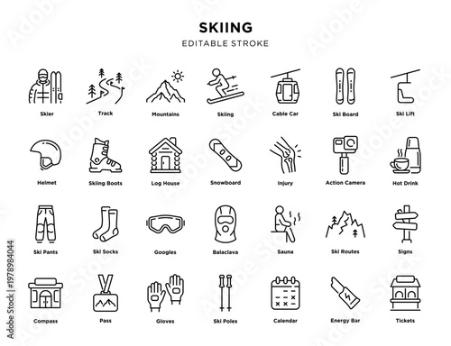Skiing line icon set with winter sport and resort elements, editable stroke