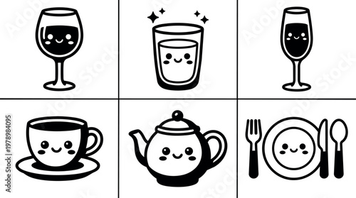 Black and white cute smiling mugs teapot plates flat design vector art
