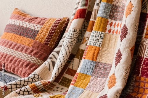Colorful patchwork quilt and matching pillow on a bed, featuring geometric patterns and warm tones