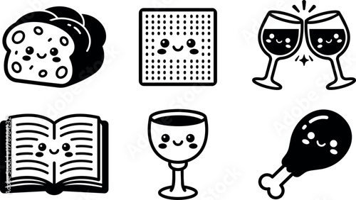 Cute happy bread cheese wine glass book and chicken drumstick icons black and white vector art