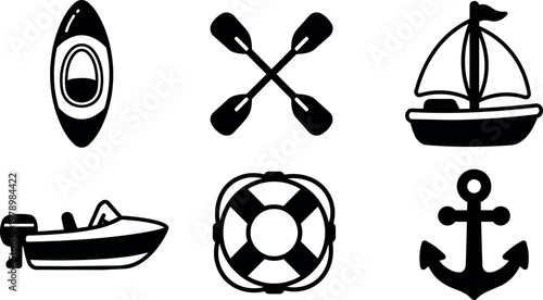 Black and white nautical icons including kayak oars sailboat motorboat life preserver anchor