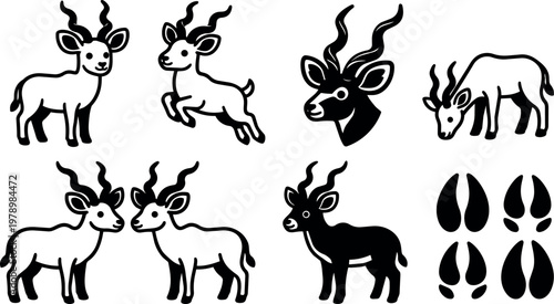 Antelope with curved horns in multiple poses and hoof prints