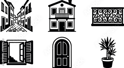 Black and white street house window door balcony railing and potted plant vector icons