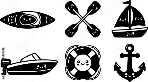 Black and white cute smiling boat kayak oars sailboat motorboat lifebuoy anchor vector art
